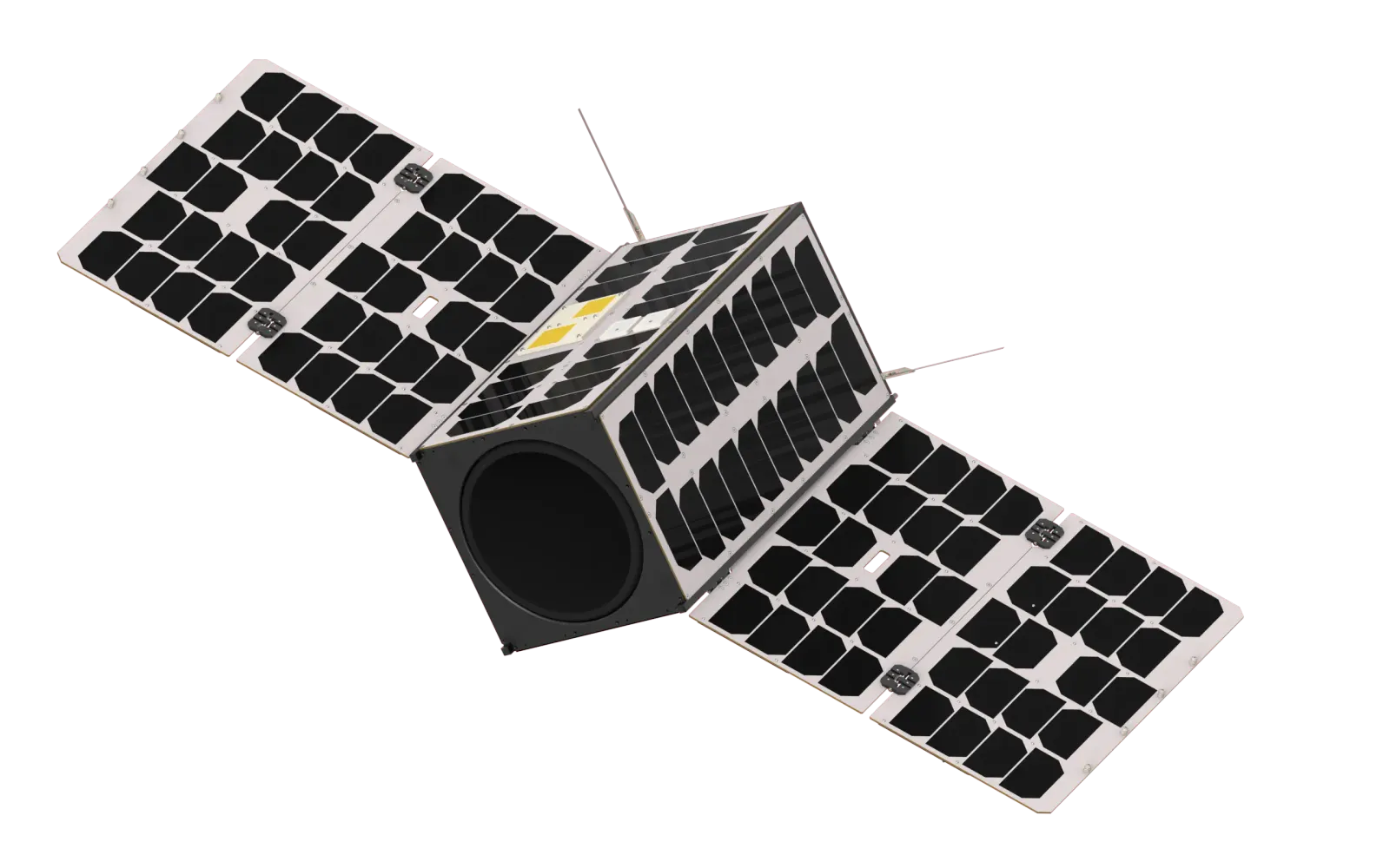 Render of Spacemanic's 16U CubeSat platform for Earth-observation / ISR payloads, with deployed twin solar-panel wings — the top of its 1U–16U product line.