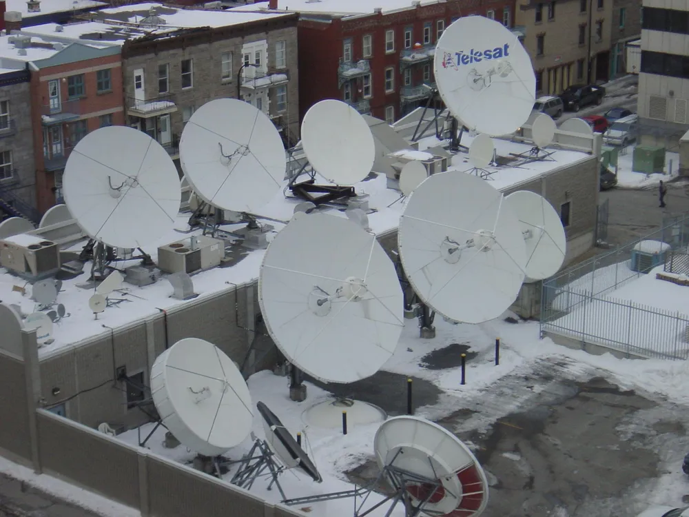 Telesat Canada satellite ground antennas (teleport dishes) at a facility in Montreal, Quebec.