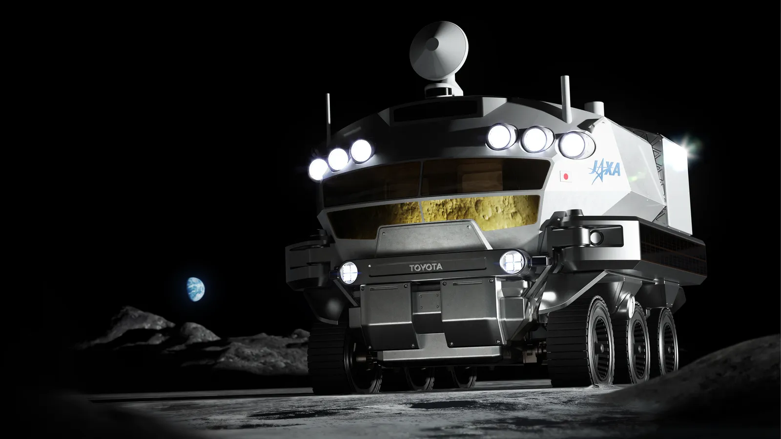 Concept render of the Toyota–JAXA Lunar Cruiser, a crewed pressurised lunar rover, on the surface of the Moon (artist's rendering — the vehicle has not been built or flown).