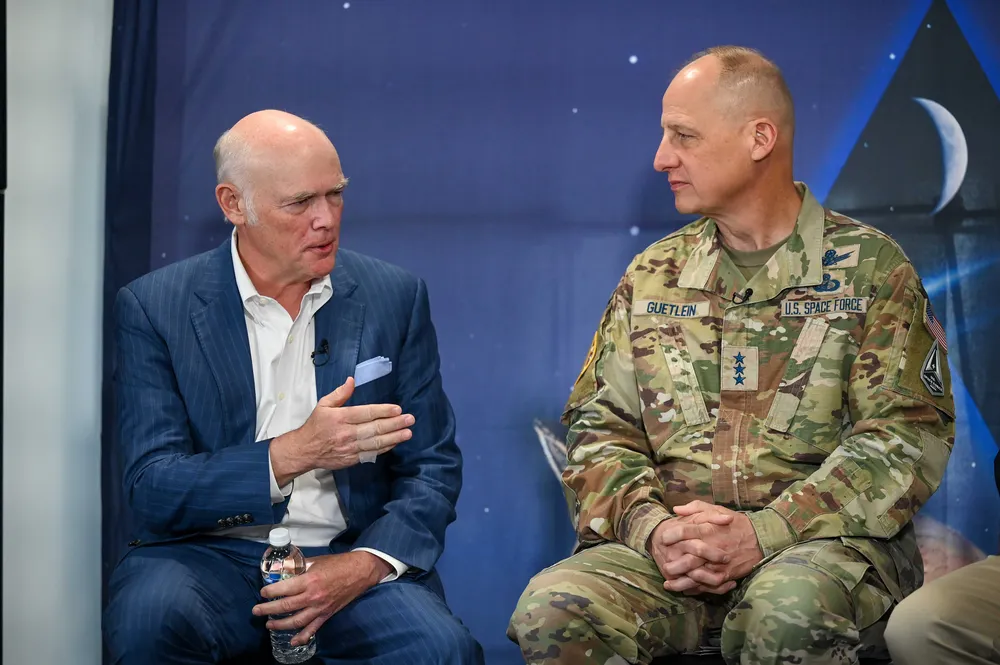 Then-ULA CEO Tory Bruno (left) speaks alongside U.S. Space Force leadership at a Cape Canaveral media round-table, August 2023.