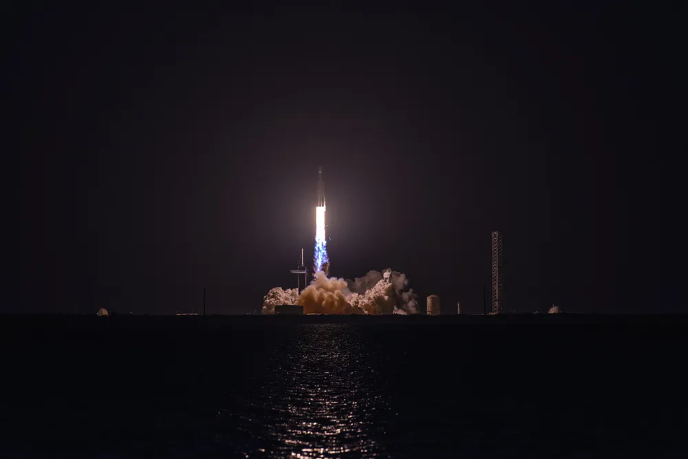 A Falcon Heavy carries the first ViaSat-3 satellite to orbit, April 2023.