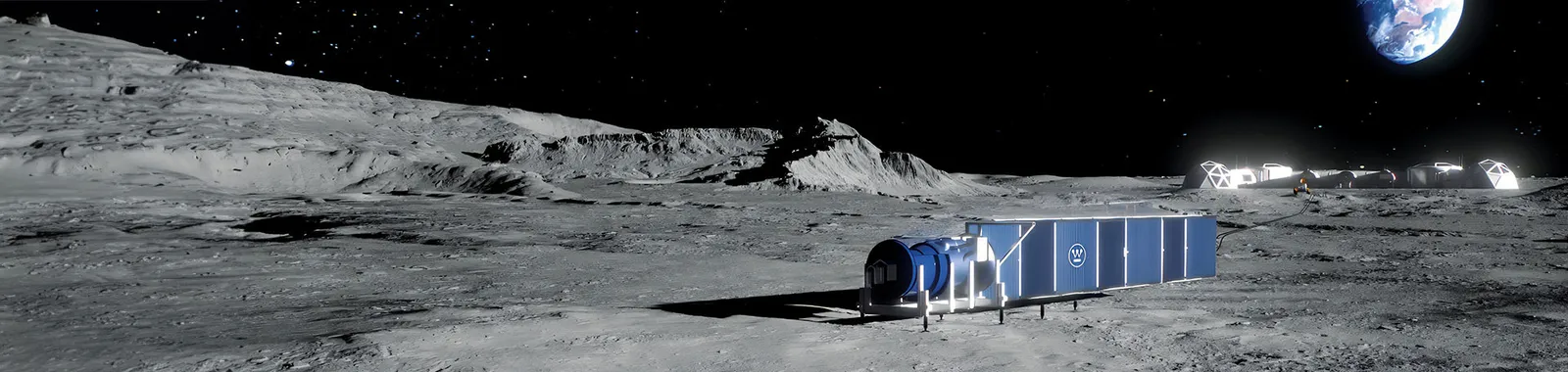 Westinghouse 'AstroVinci' concept render of an eVinci microreactor deployed on the lunar surface to power a base camp — concept art; no eVinci has operated in space.
