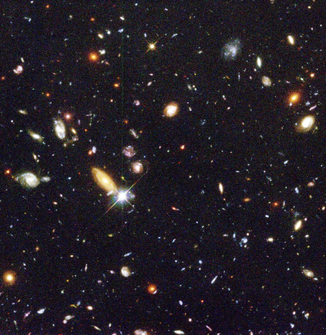 A Hubble deep-field exposure: hundreds of galaxies of every shape scattered across otherwise empty sky.