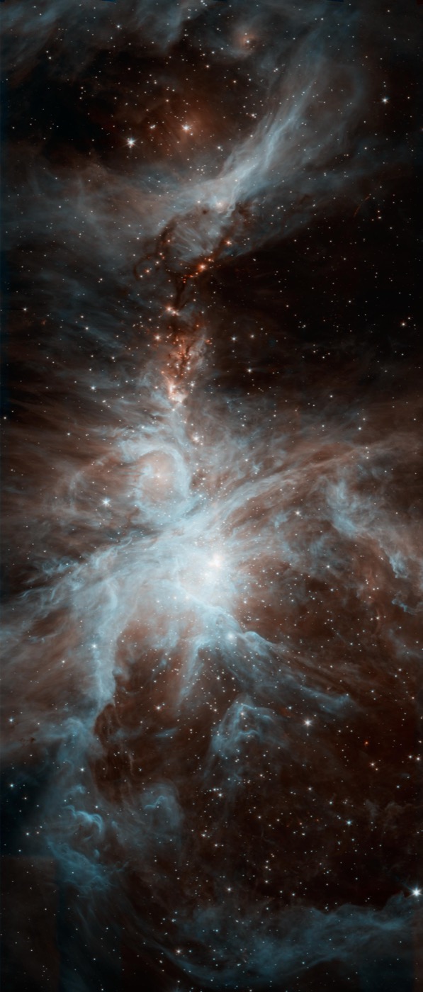 The Orion Nebula in infrared: veils of glowing gas and dust threaded with newborn stars.