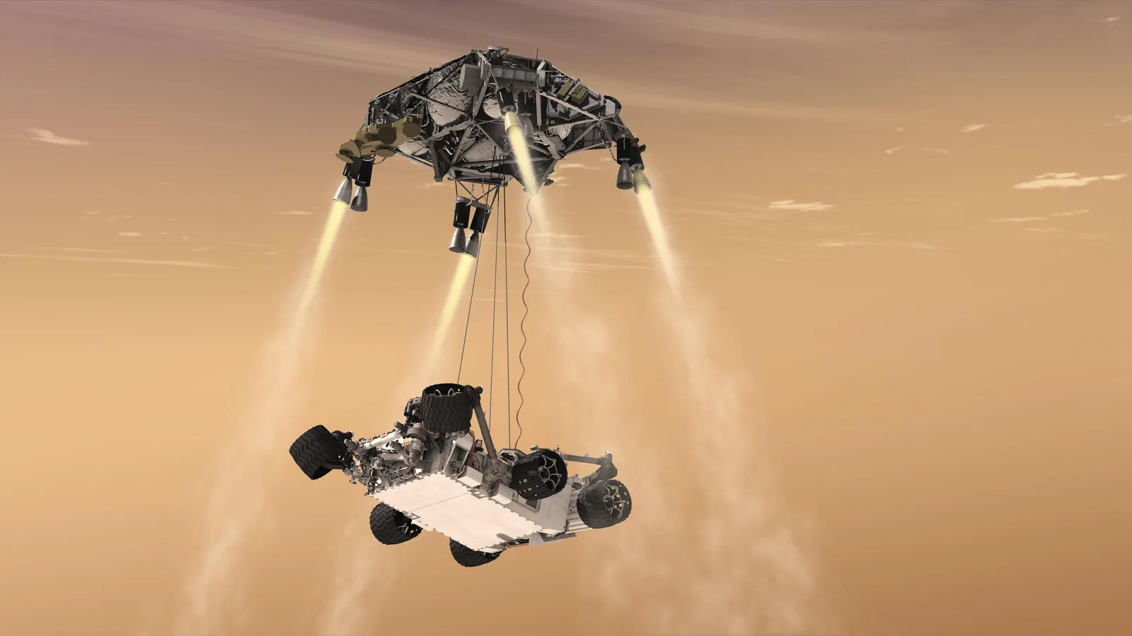 Artist's concept of the rocket-powered sky crane lowering NASA's Curiosity rover to the surface of Mars
