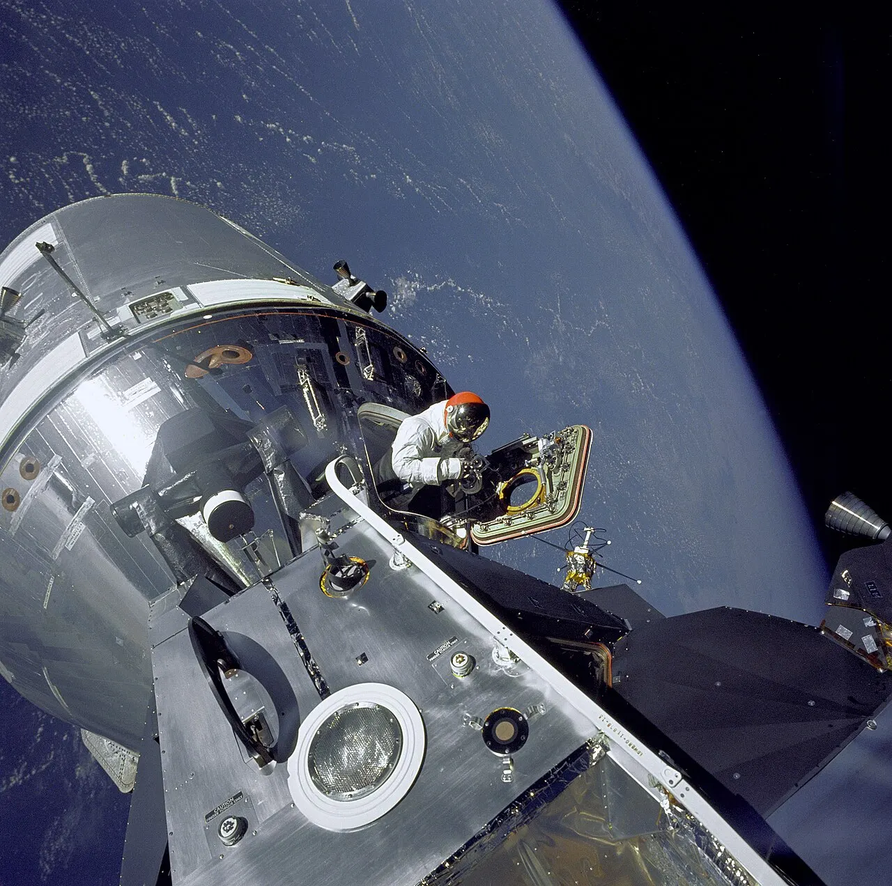 Lunar Module Spider in Earth orbit photographed from Command Module Gumdrop during Apollo 9