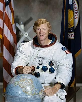 Rusty Schweickart in NASA spacesuit, Apollo 9 lunar module pilot
