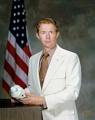 Stu Roosa in NASA spacesuit, Apollo 14 command module pilot
