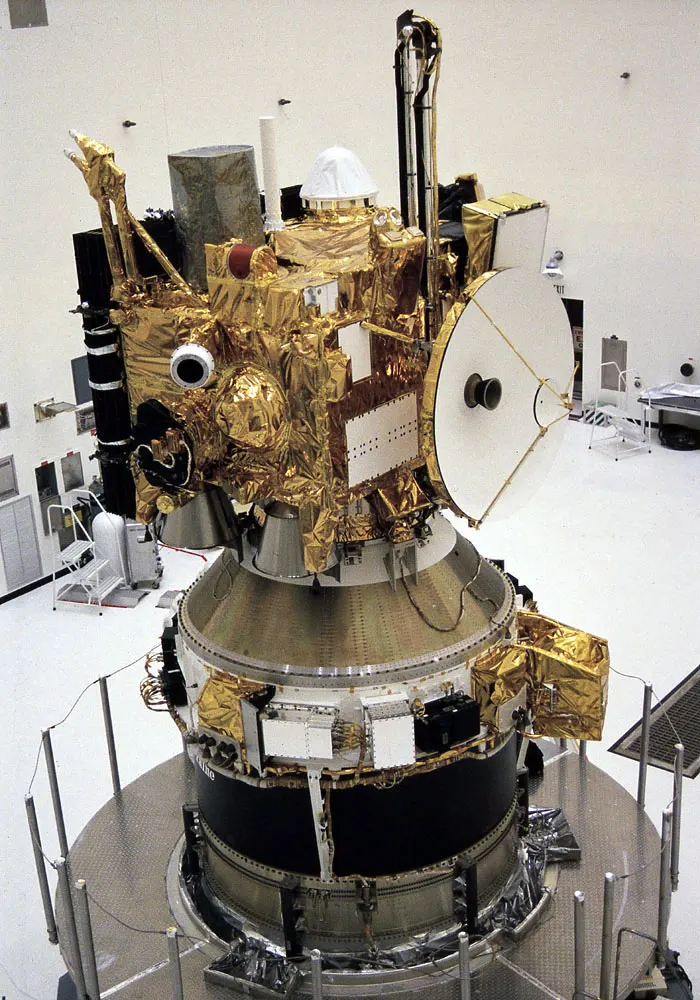 Mars Observer mated to its Transfer Orbit Stage booster in the cleanroom before its 1992 launch (lost 1993)