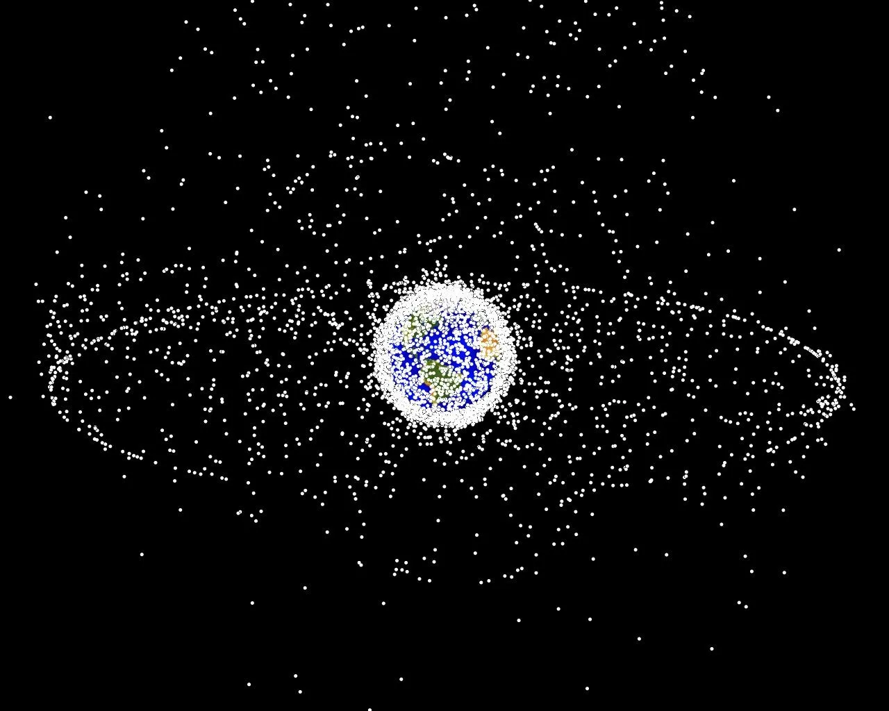 NASA ODPO rendering of objects near geosynchronous orbit, forming a distinct ring of tracked debris far from Earth