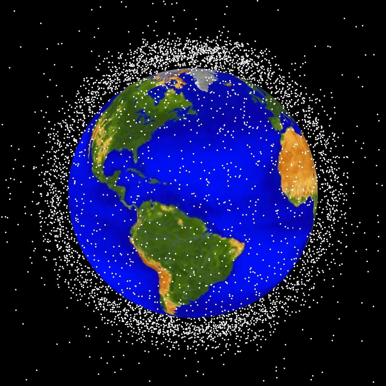 NASA ODPO computer-generated view of tracked objects in low Earth orbit, a dense cloud of points around the planet
