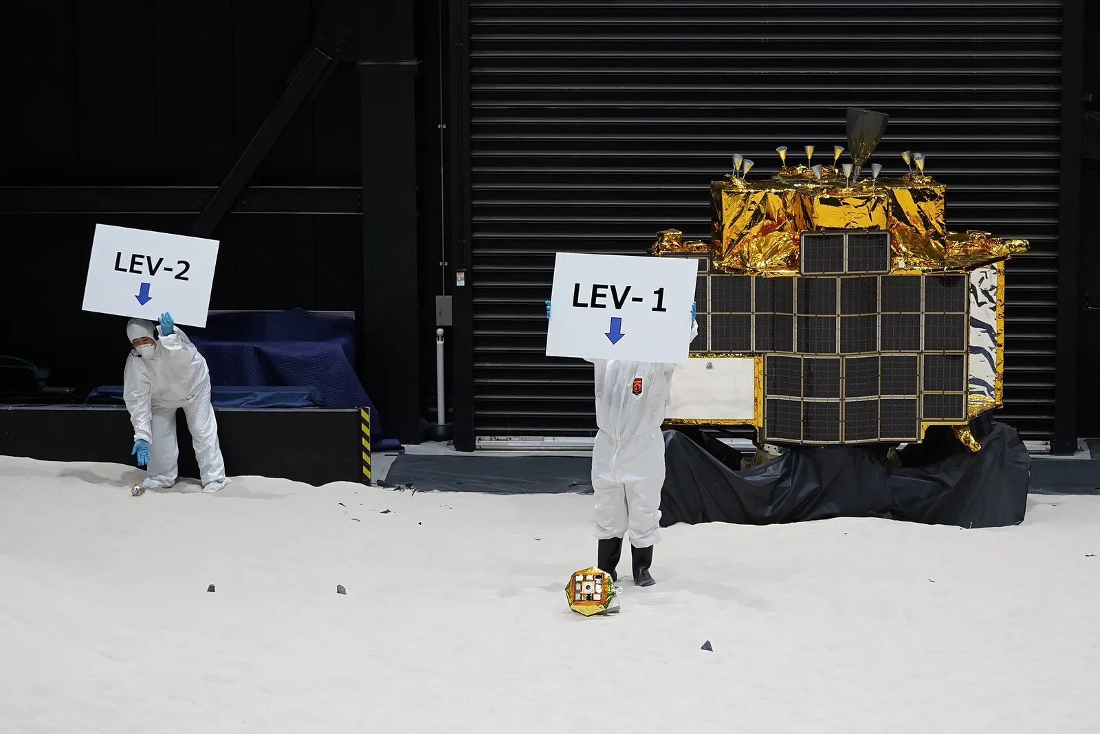 Life-size models of JAXA's SLIM 'Moon Sniper' lander with its LEV-1 and LEV-2 rovers at JAXA Sagamihara