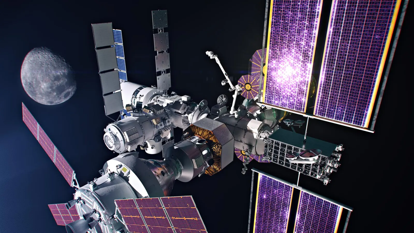 Artist's concept of NASA's lunar Gateway space station in orbit with the Moon in the backdrop