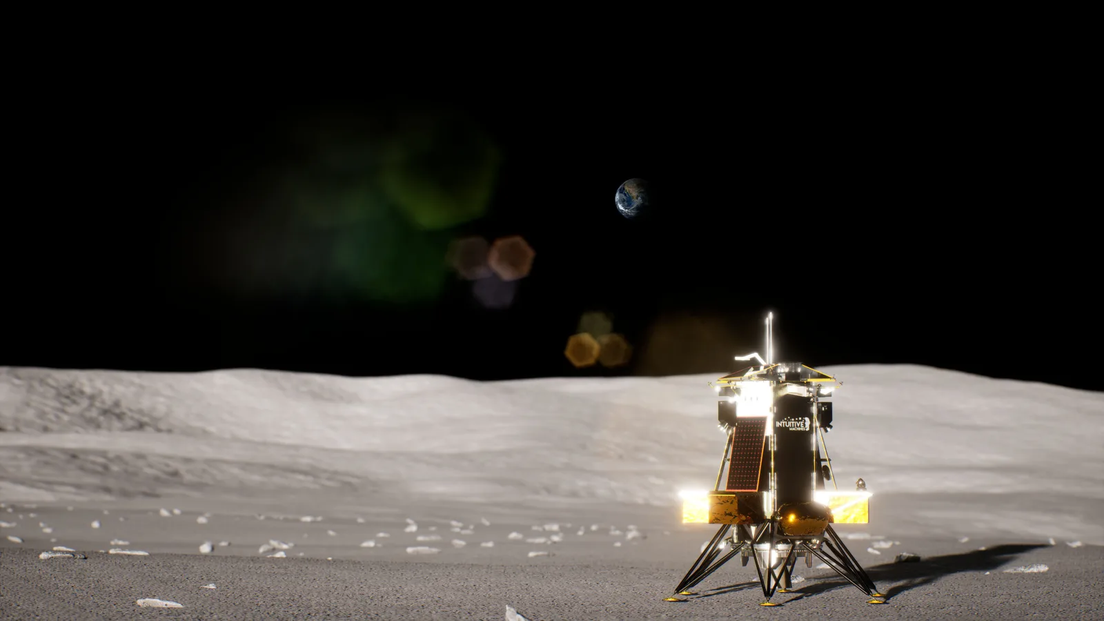 Artist's concept of Intuitive Machines' Nova-C IM-3 lander on the lunar surface near Reiner Gamma, with Earth in the sky