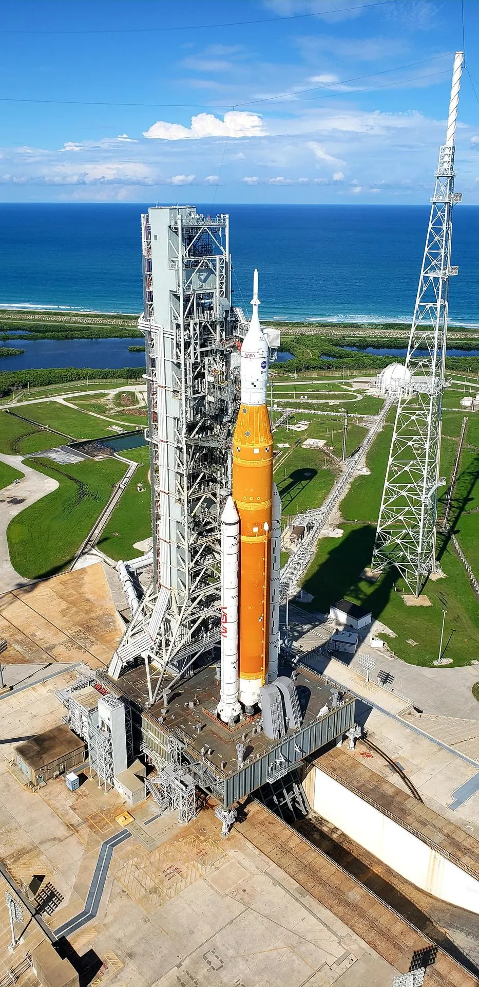 The Artemis I Space Launch System rocket at Launch Complex 39B prior to flight
