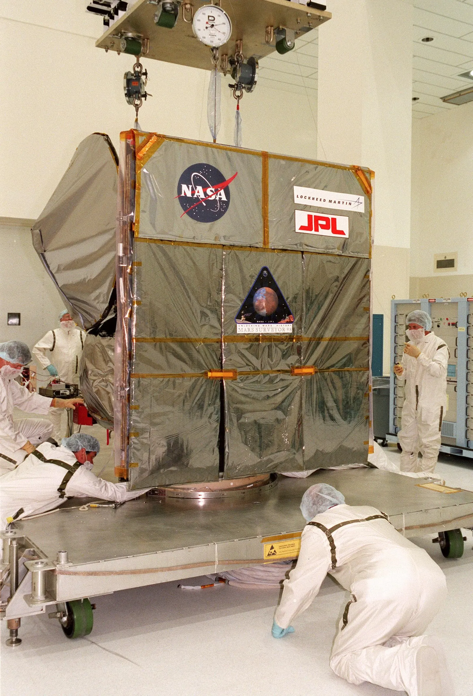 Mars Climate Orbiter on its workstand during pre-launch assembly at Kennedy Space Center, 1998 (lost 1999)