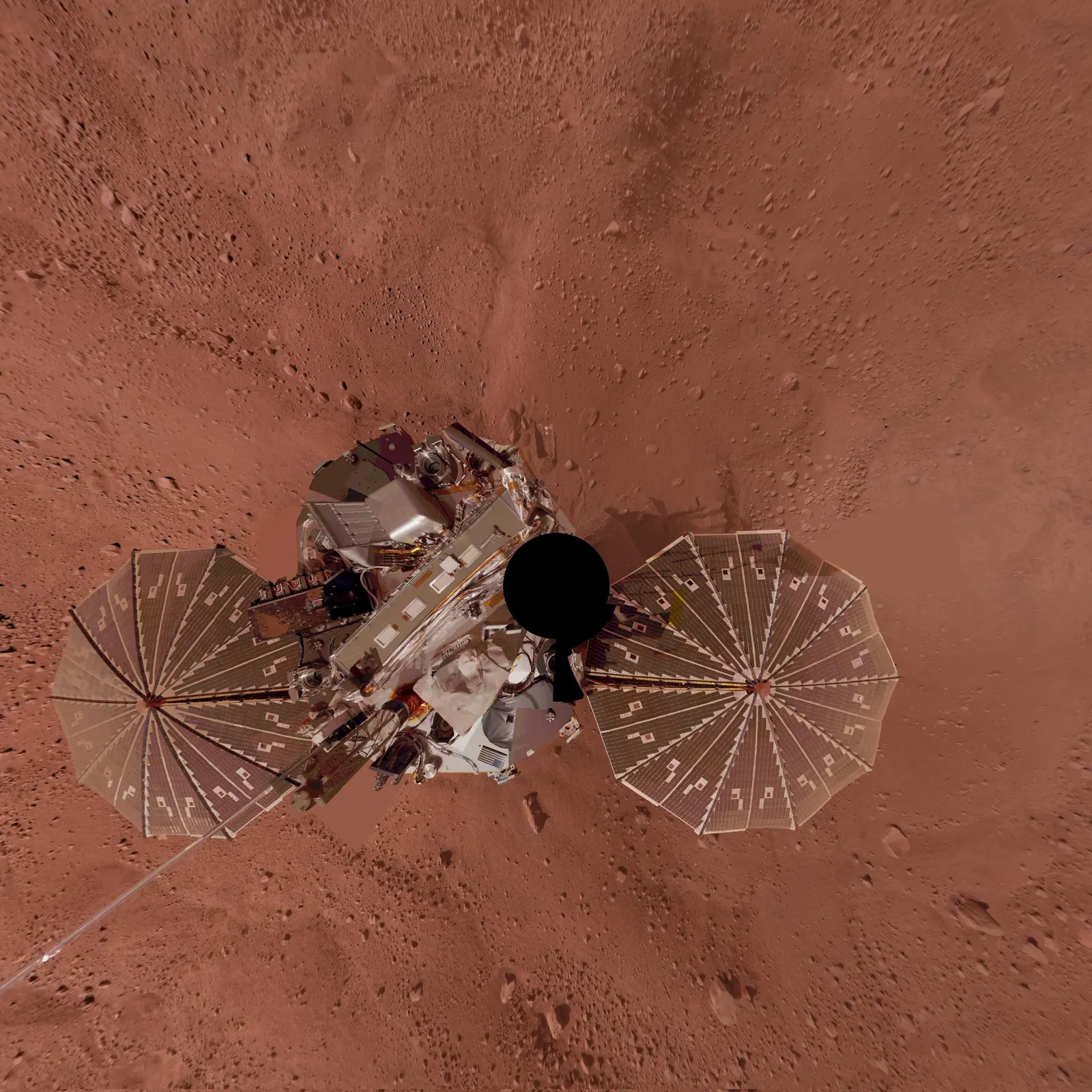 Self-portrait of NASA's Phoenix lander on the Martian arctic plain showing its circular solar panels, 2008