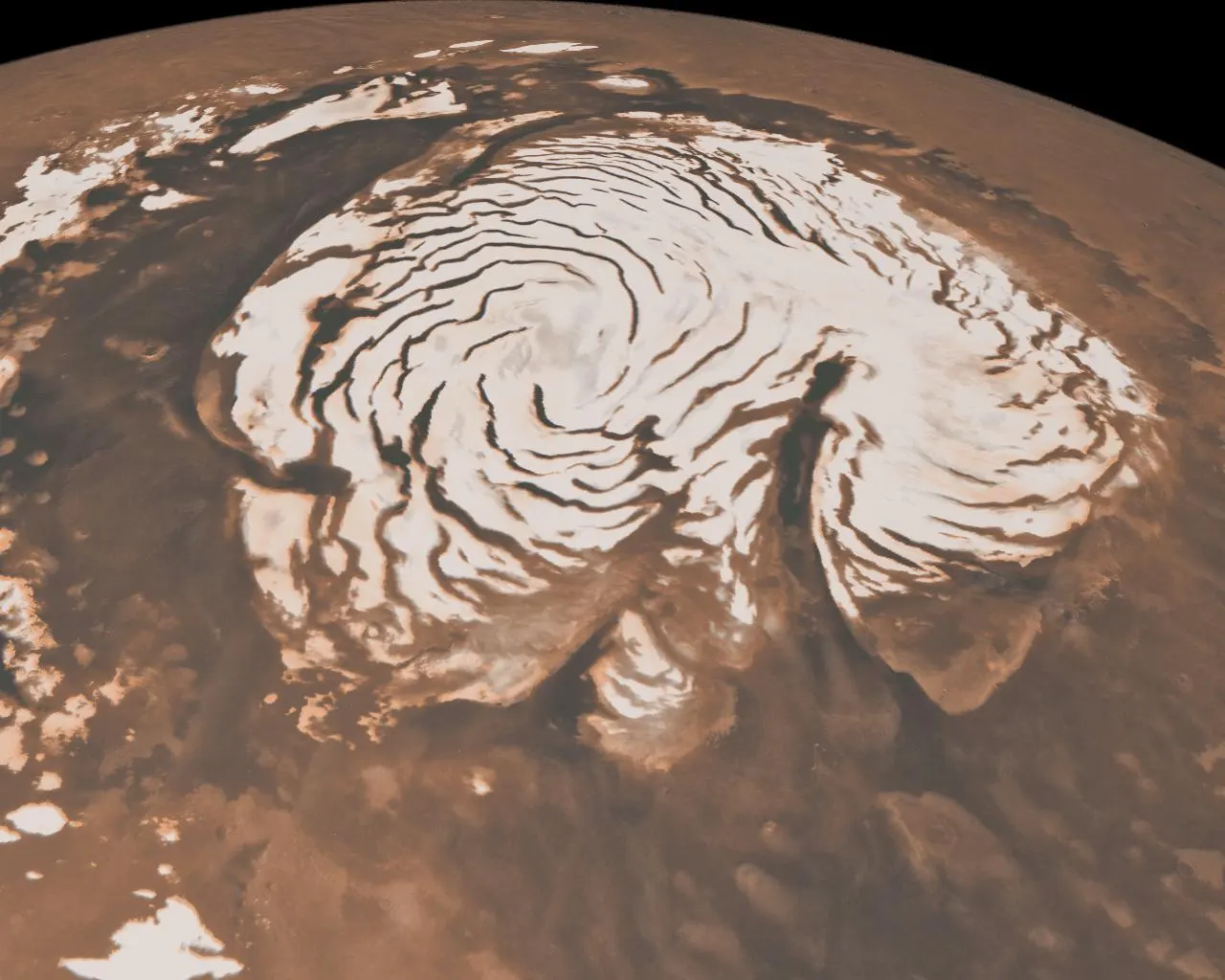 Orbital view of Mars' bright north polar ice cap with its spiral troughs