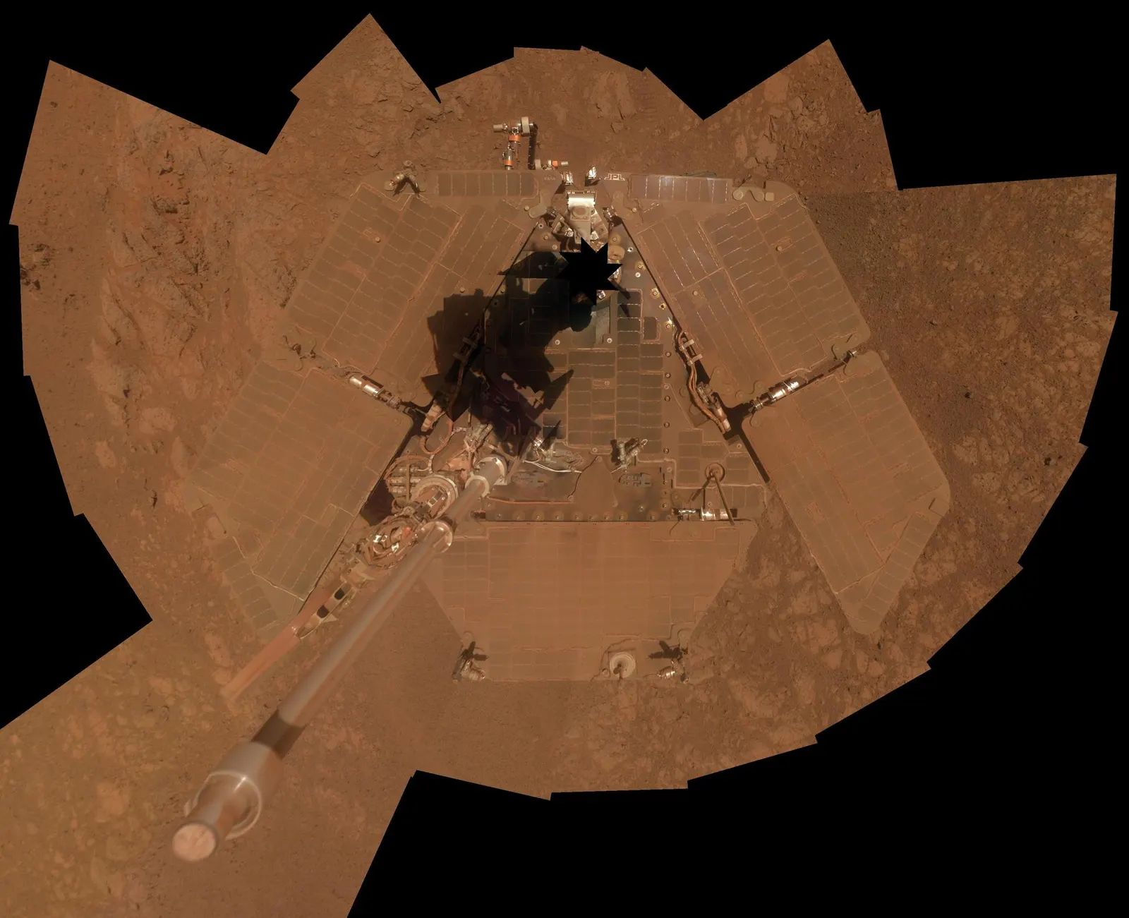 Self-portrait of NASA's Opportunity rover on Mars, a top-down mosaic of its solar panels, January 2014