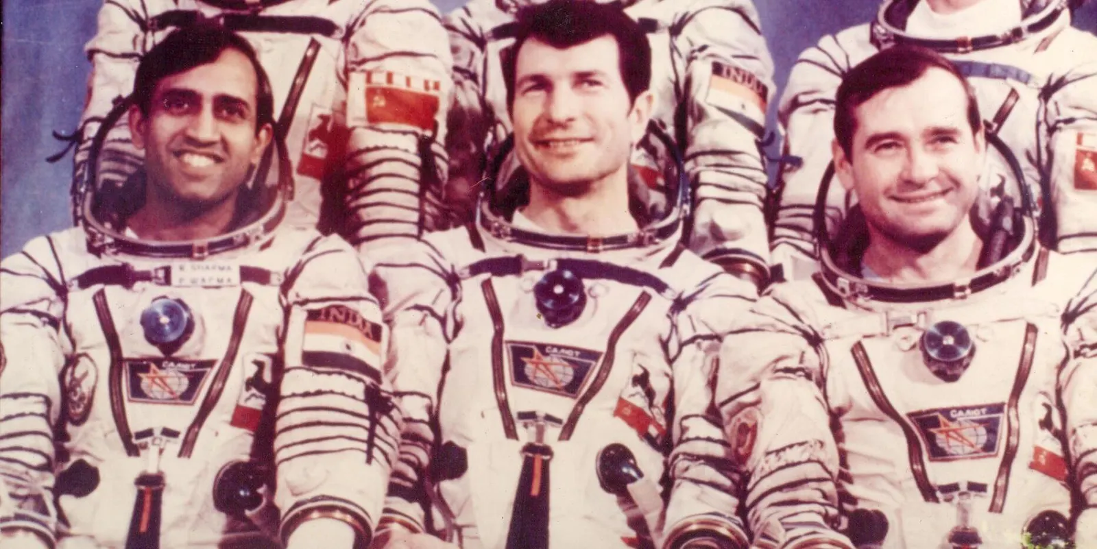 Soyuz T-11 prime crew — Yury Malyshev, Gennady Strekalov and Rakesh Sharma — pictured before their April 1984 flight to Salyut 7
