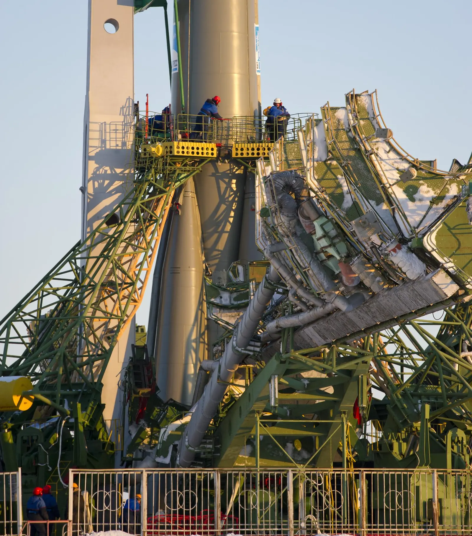 Soyuz TMA-03M spacecraft and Soyuz-FG rocket being rolled out to the launch pad at Baikonur Cosmodrome