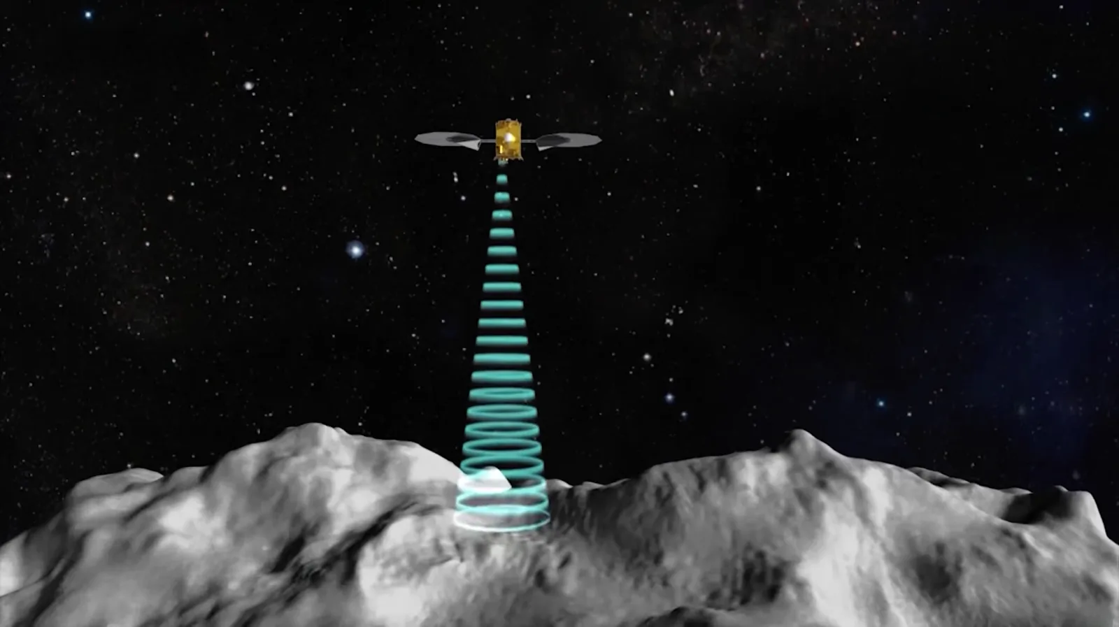 Artist's concept of the Tianwen-2 spacecraft, with its circular solar arrays, conducting touch-and-go sampling at the near-Earth asteroid Kamoʻoalewa