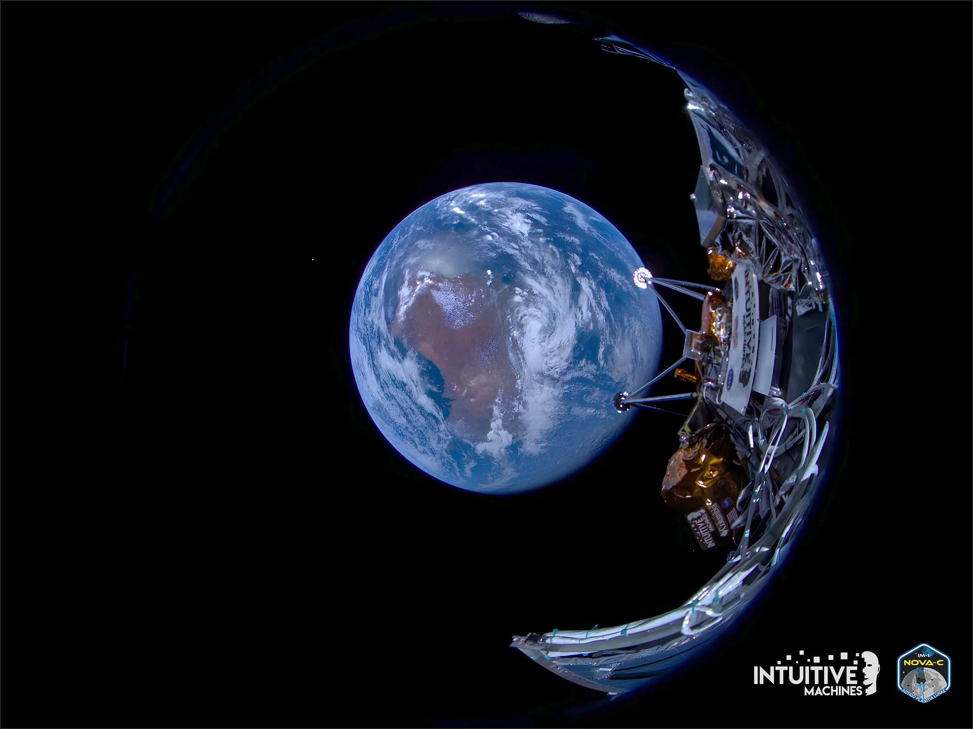 Intuitive Machines IM-1 Odysseus Nova-C lander photographed in deep space with Earth in the background — actual mission image, February 2024