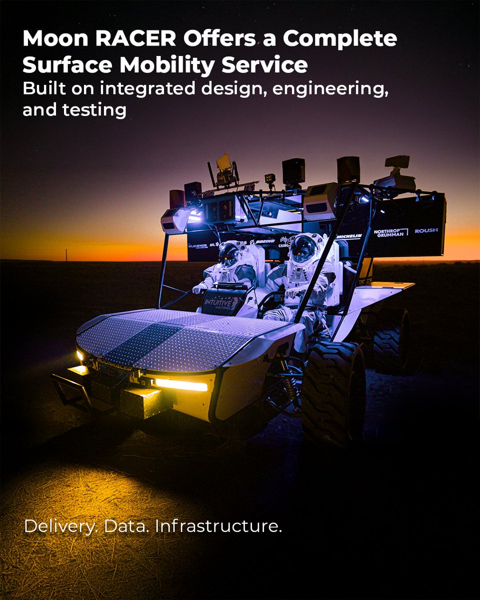 Moon RACER — Intuitive Machines' Lunar Terrain Vehicle prototype with astronauts in suits during surface operations testing. The LTV contract is a key part of the Artemis crewed surface infrastructure