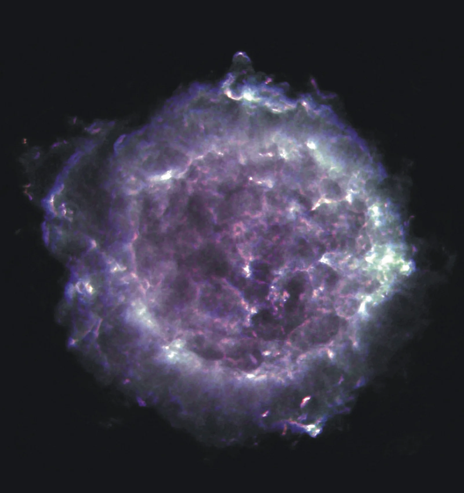 Cassiopeia A in radio — VLA 6 GHz imaging resolves the forward shock shell and reverse shock ejecta in the brightest radio SNR beyond the Solar System; ~5 arcmin diameter shell.