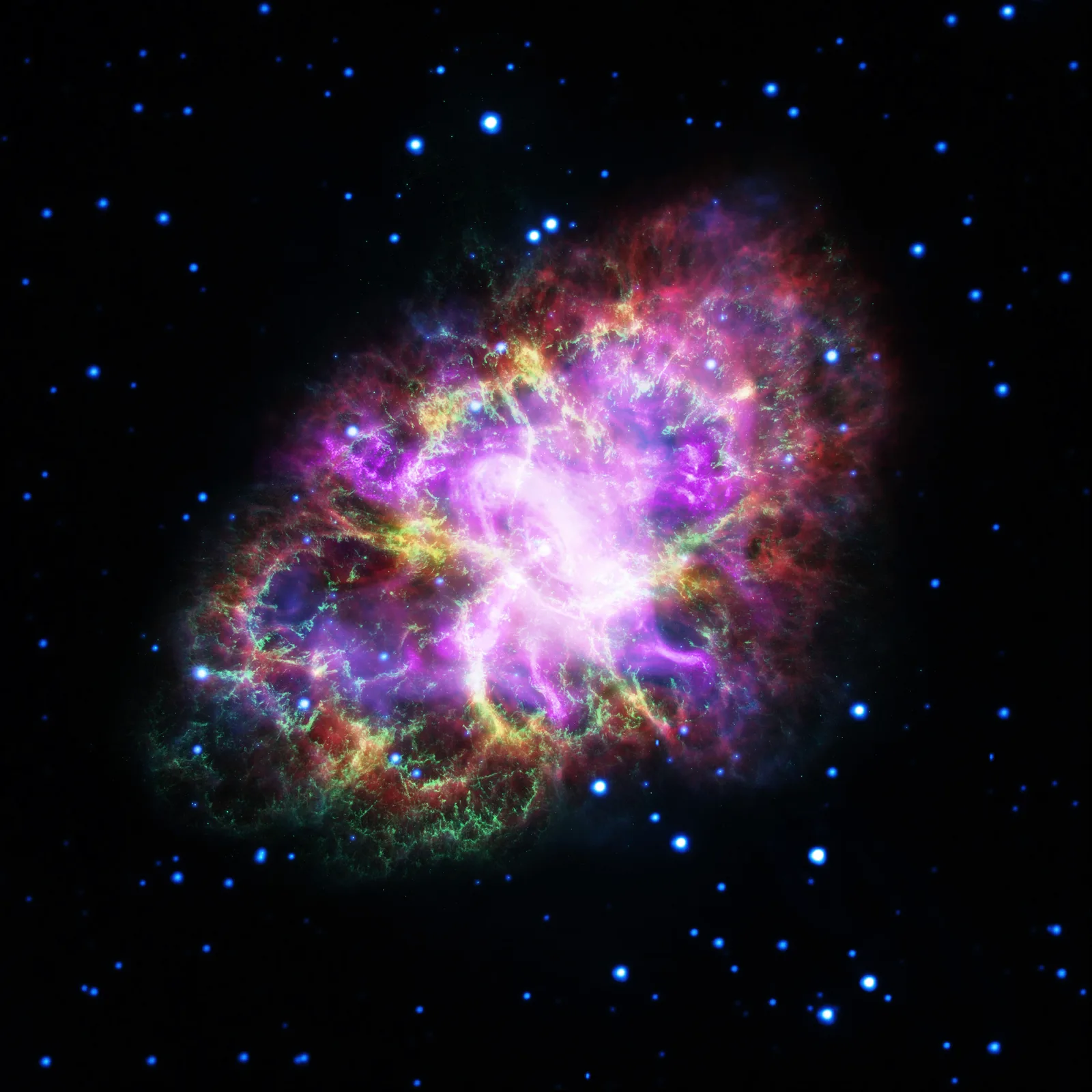 Crab Nebula in multi — Five-wavelength composite from radio through X-ray reveals the full energy budget of the pulsar wind nebula, from the outermost radio cocoon to the X-ray inner jet.