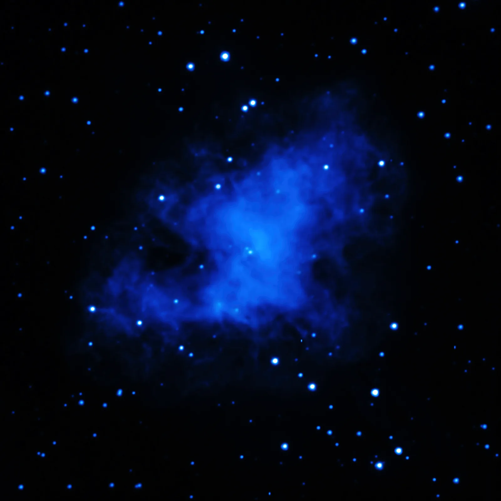Crab Nebula in ultraviolet — UV emission highlights the hottest shocked filaments and the bright central knot of synchrotron radiation from the pulsar wind termination shock.