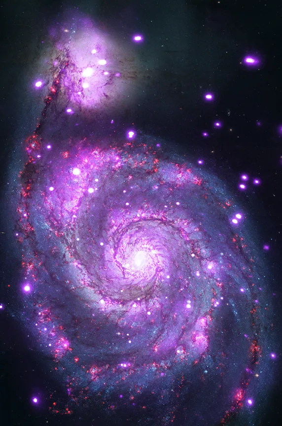 M51 (Whirlpool Galaxy) in multi — Five-wavelength composite from radio to X-ray shows M51's complete star-formation ecosystem: cold gas reservoir, warm dust, stellar light, UV-bright OB stars, and energetic compact objects.