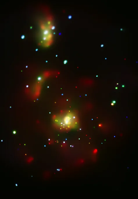 M51 (Whirlpool Galaxy) in xray — Chandra detects ~150 discrete X-ray point sources — X-ray binaries, neutron stars, and black holes — plus an ultraluminous X-ray source (ULX) and diffuse hot-gas emission.