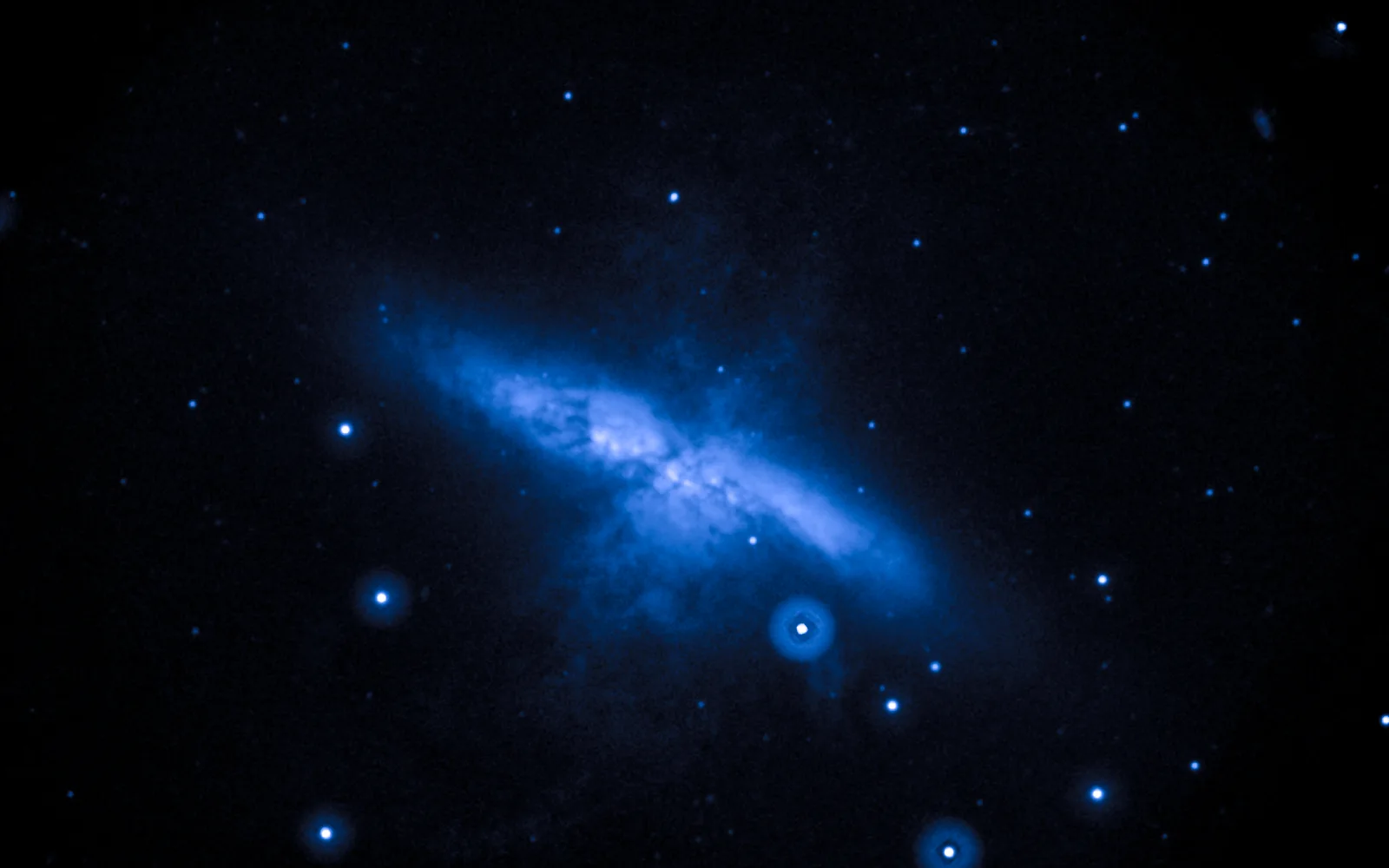 M82 (Cigar Galaxy) in ultraviolet — Swift's ultraviolet eye picks out the hot, massive young stars packed into M82's starburst — the engine driving the galaxy-scale wind.