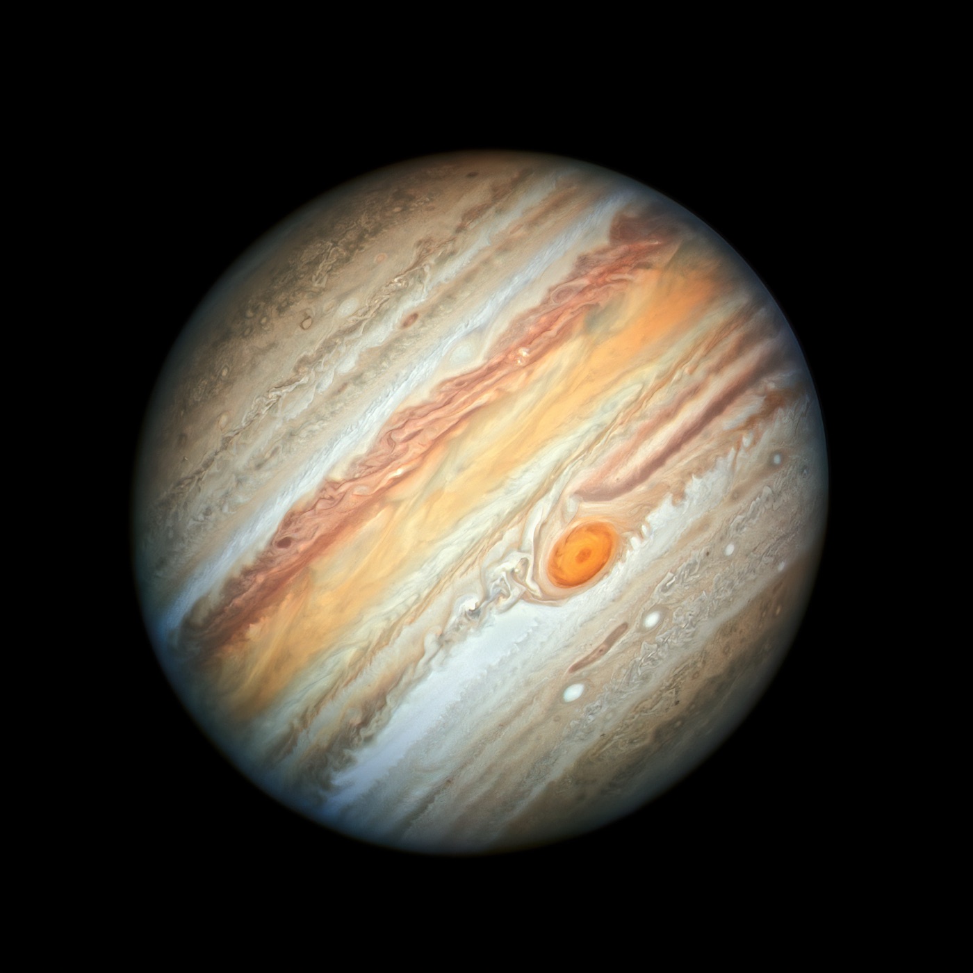 Jupiter with its Great Red Spot and banded clouds, imaged by the Hubble Space Telescope in 2019 (NASA, ESA, A. Simon (GSFC), M.H. Wong (UC Berkeley); CC BY 4.0)