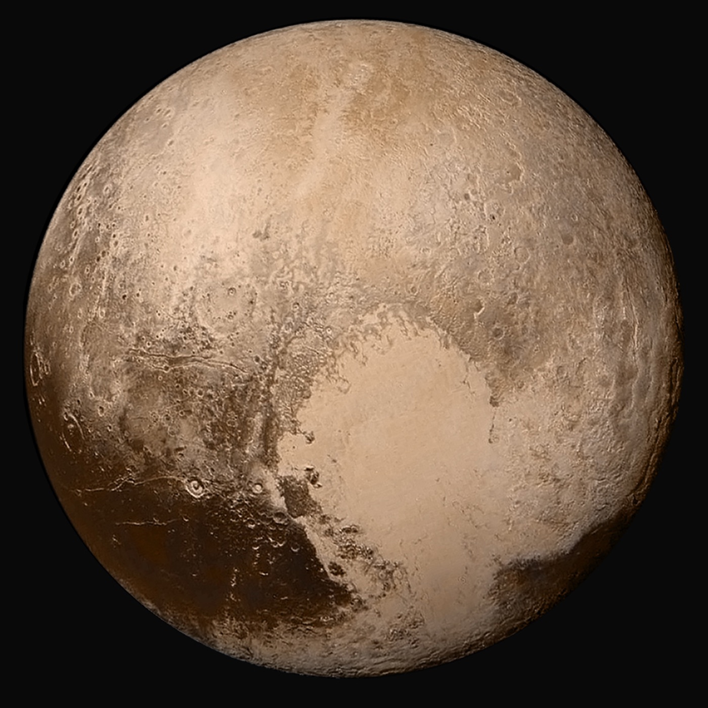 Pluto in enhanced colour showing the bright "heart" of Tombaugh Regio, imaged by NASA's New Horizons in 2015 (NASA/JHUAPL/SwRI)
