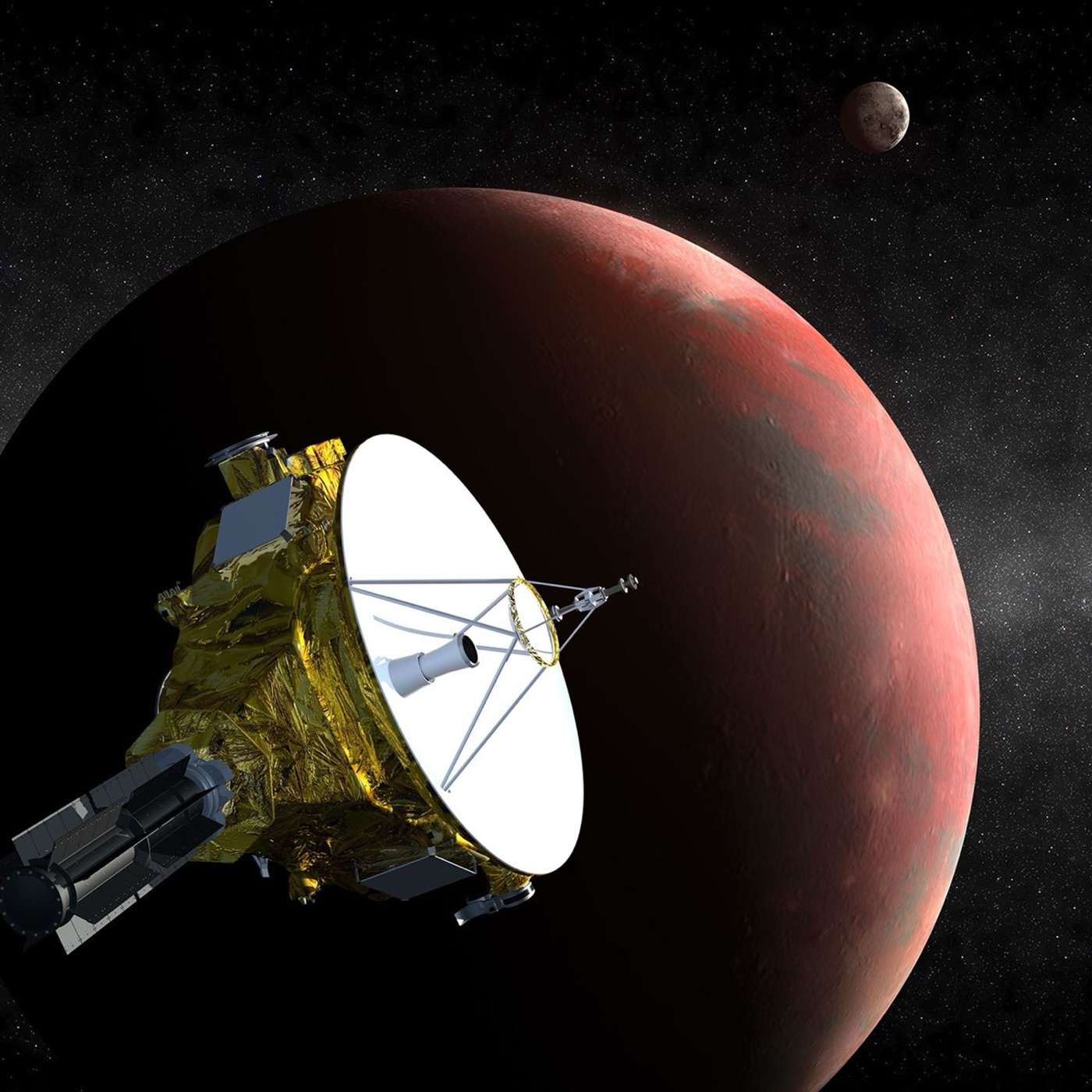 Artist concept of NASA's New Horizons spacecraft flying past Pluto and its moon Charon (NASA/Johns Hopkins APL/Southwest Research Institute)