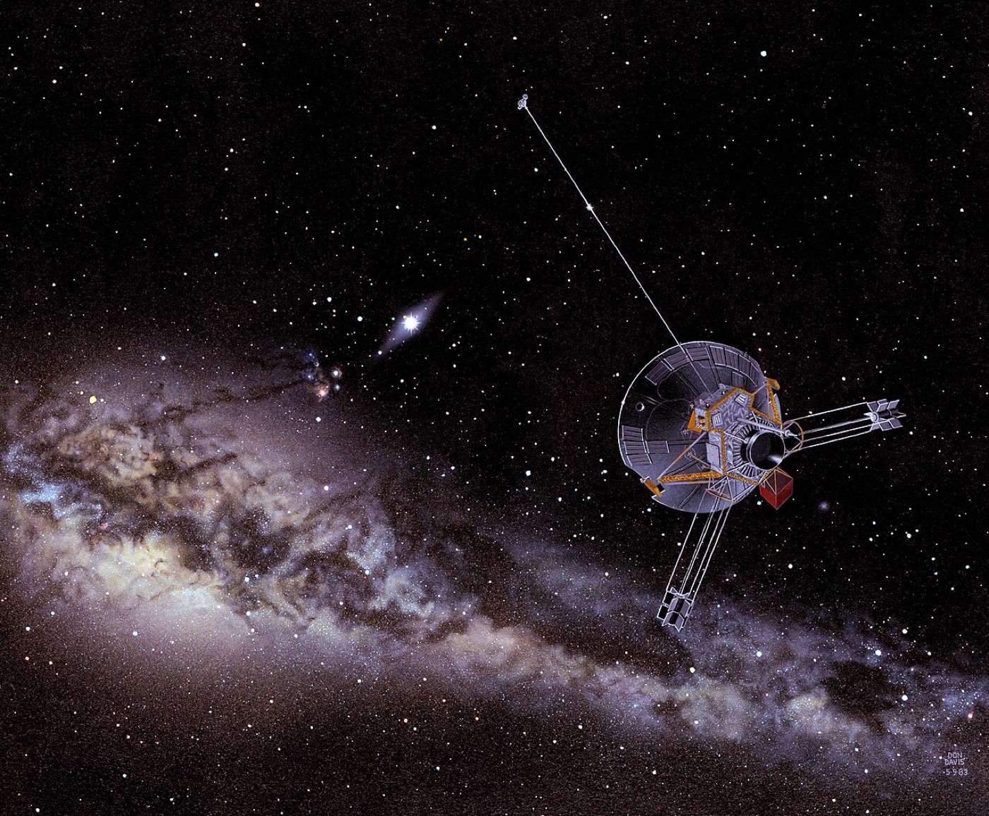 Artist concept (Don Davis, 1983) of NASA's Pioneer 10 spacecraft heading across the Milky Way into interstellar space (NASA/Don Davis)