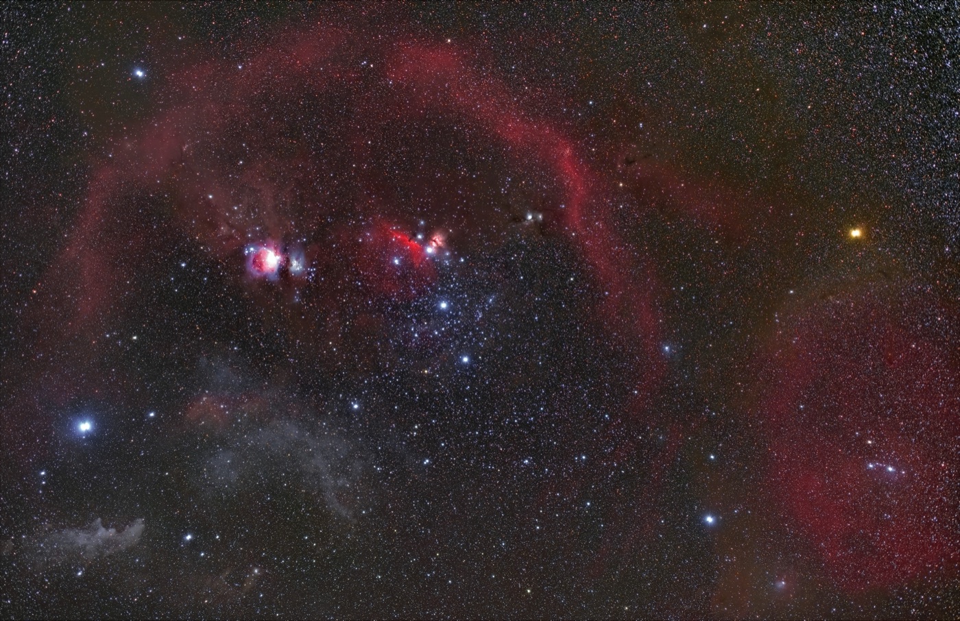 The full Orion constellation showing Bellatrix as the bright blue shoulder star at upper right, with the Orion Nebula below