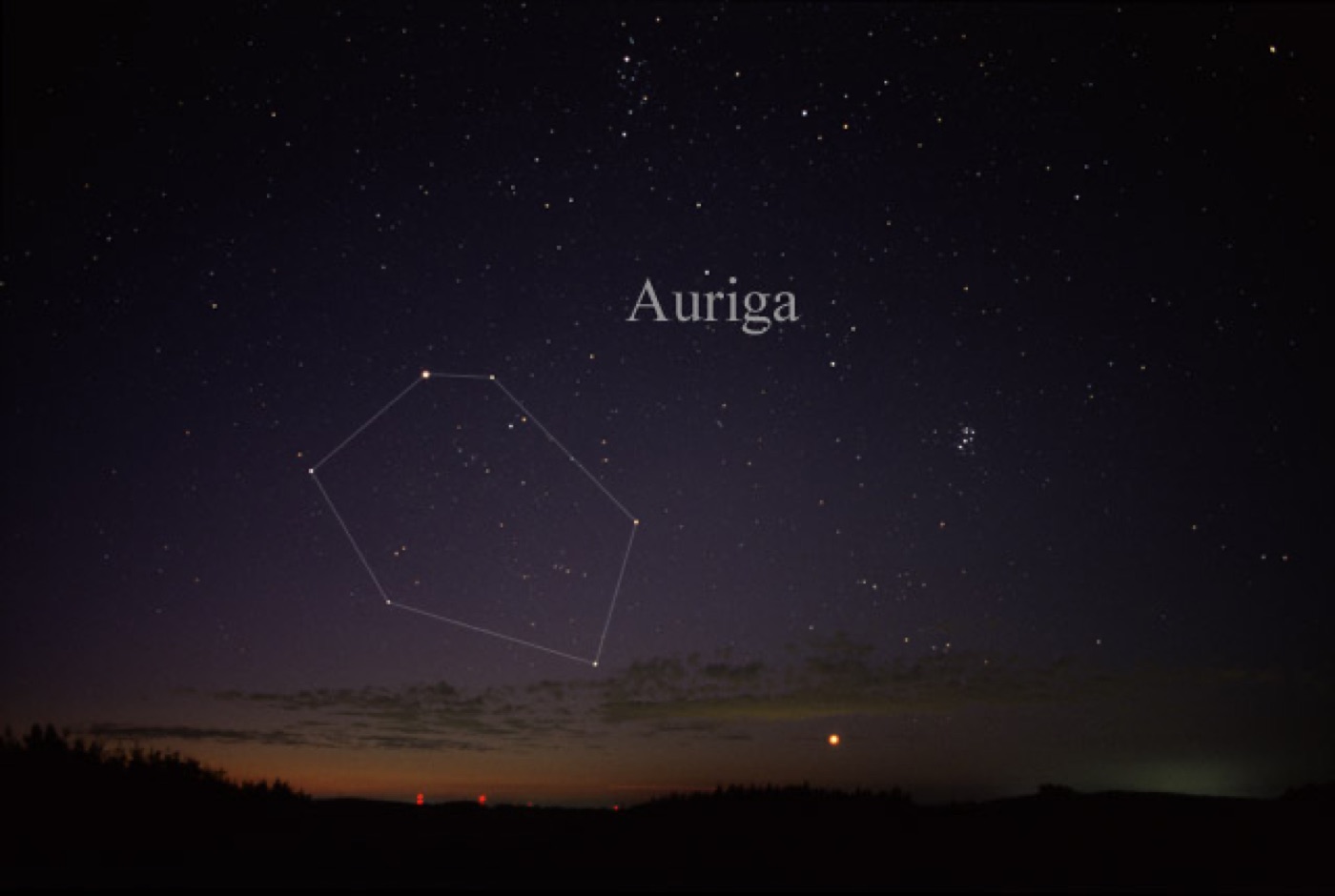 The constellation Auriga with Capella — the brilliant golden star at upper left of the pentagon pattern