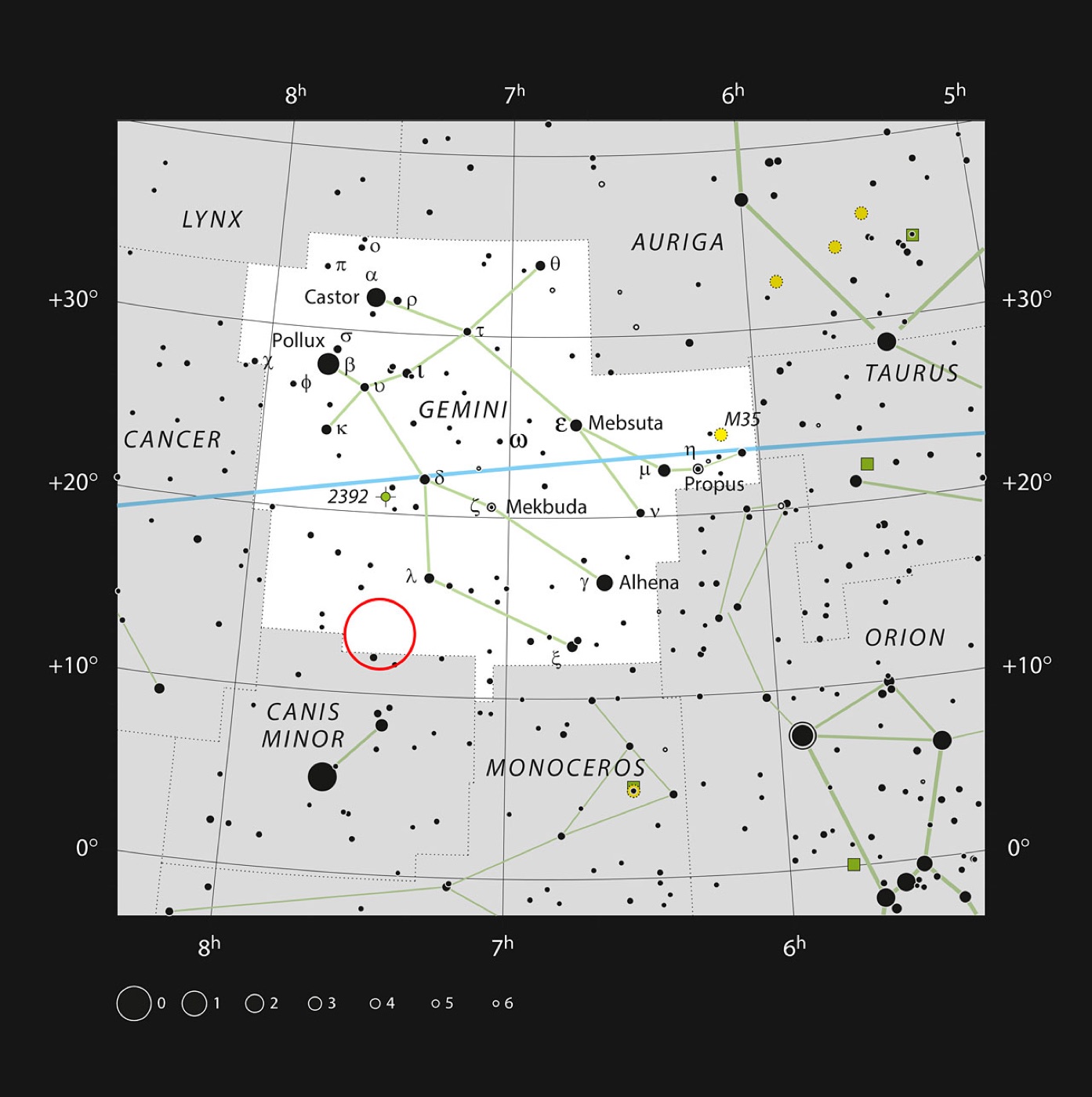 ESO/IAU finder chart for the Gemini constellation showing Pollux and Castor labelled