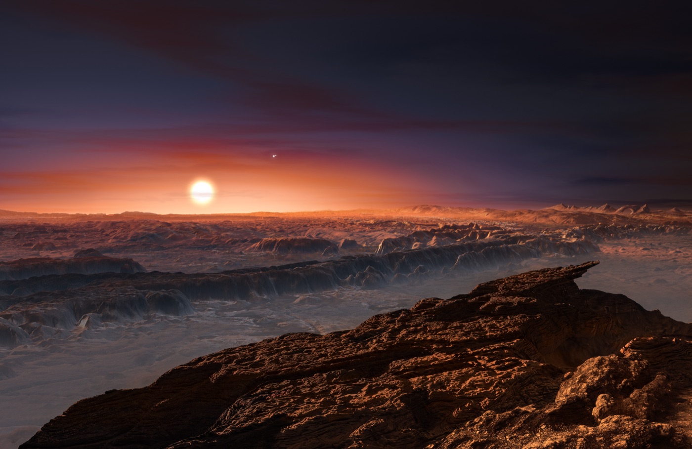 Artist's impression of the surface of planet Proxima b orbiting the red dwarf Proxima Centauri