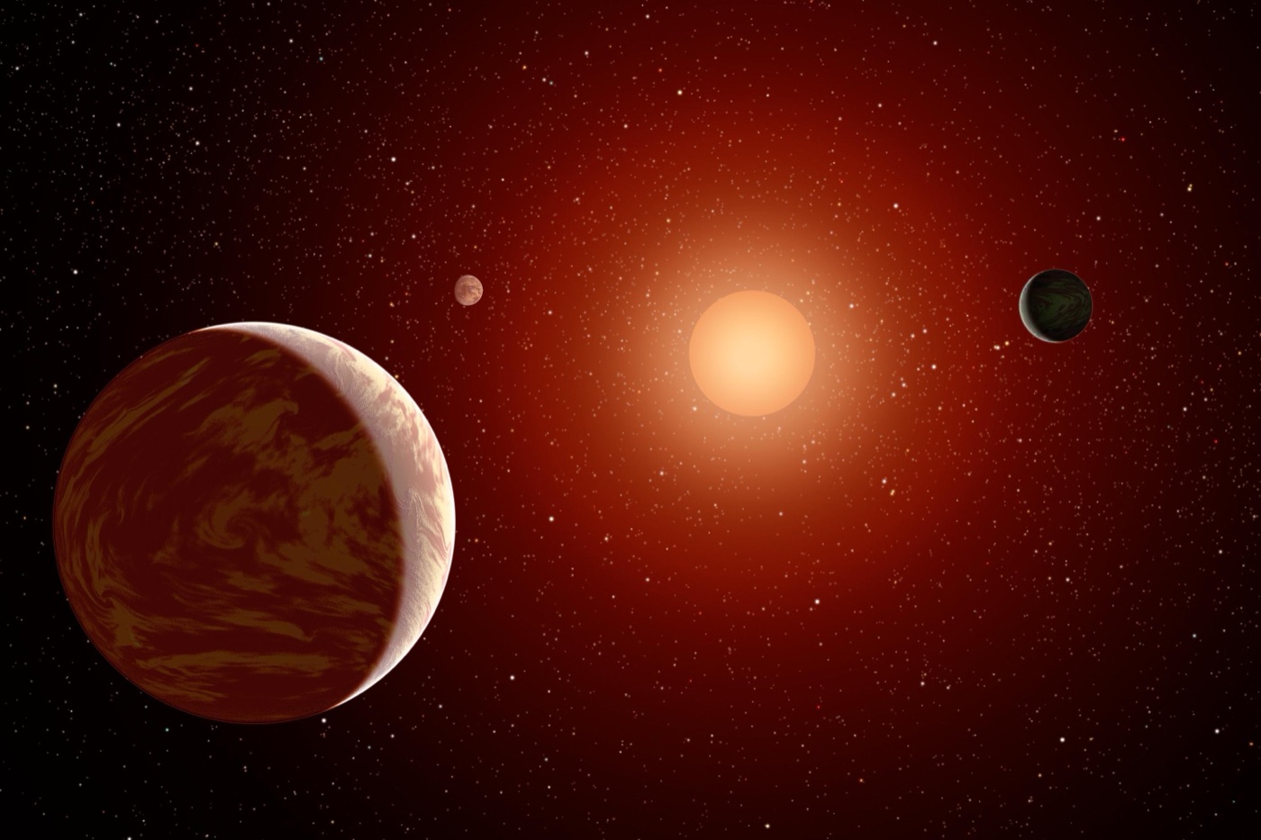 NASA/JPL-Caltech artist's impression of rocky planets orbiting a red dwarf star — illustrative of the Wolf 1061 system